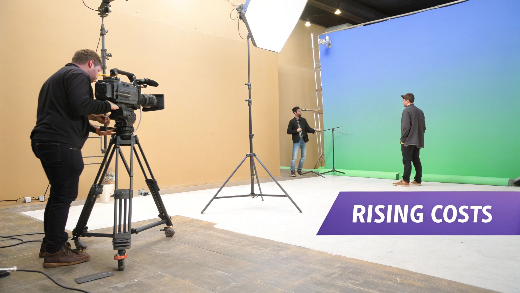 A cameraman films two men in a video production studio with a green screen backdrop and lighting.