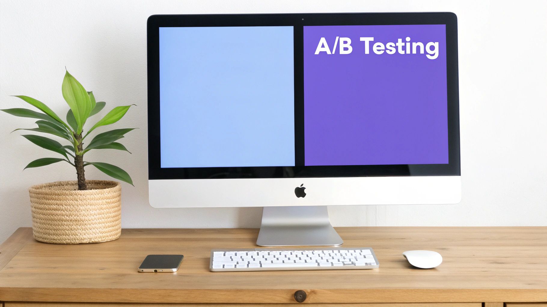 A modern workspace with an Apple iMac displaying A/B Testing, alongside a plant, keyboard, mouse, and smartphone on a wooden desk.