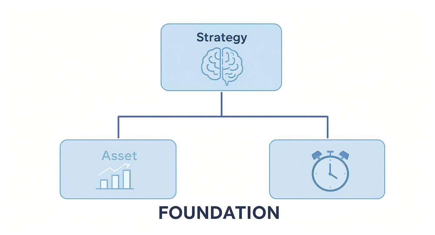A diagram showing Strategy (brain icon) branching into Asset (growth chart) and Time (alarm clock), forming a Foundation.