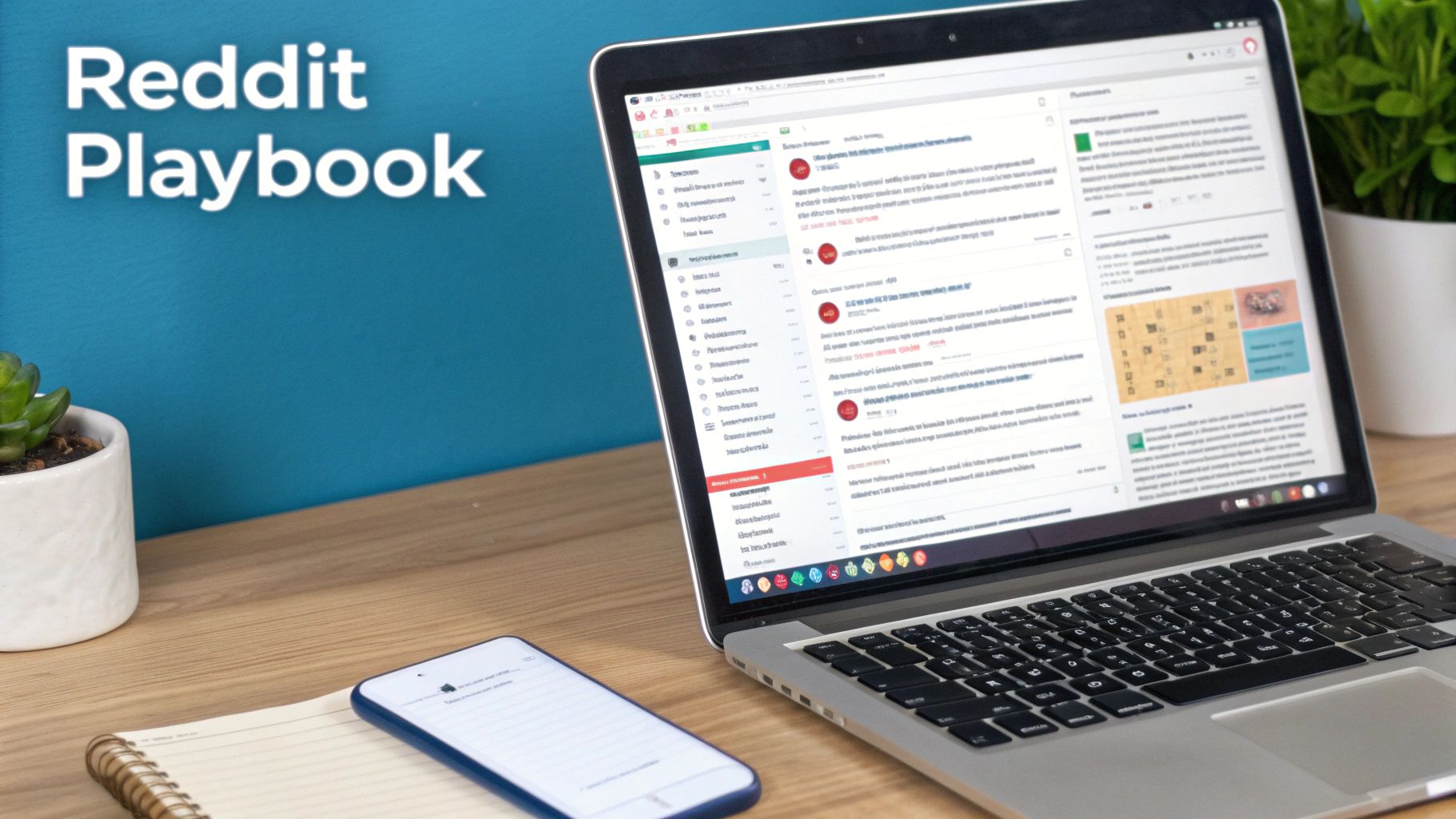 A modern desk setup featuring a laptop with Reddit, a smartphone, notebook, and 'Reddit Playbook' text.