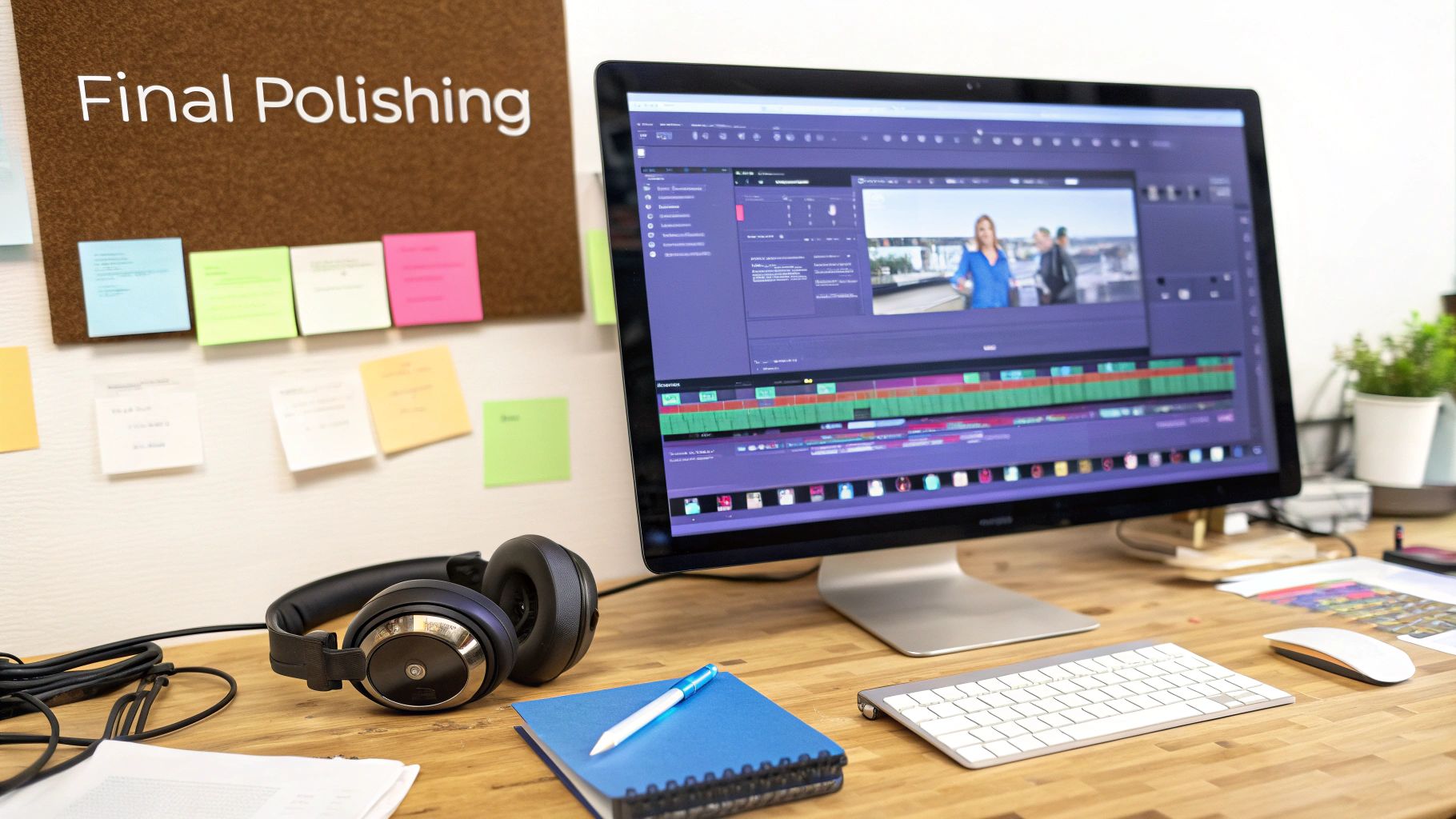 A person editing a video on a modern computer setup, with AI-generated clips on the timeline