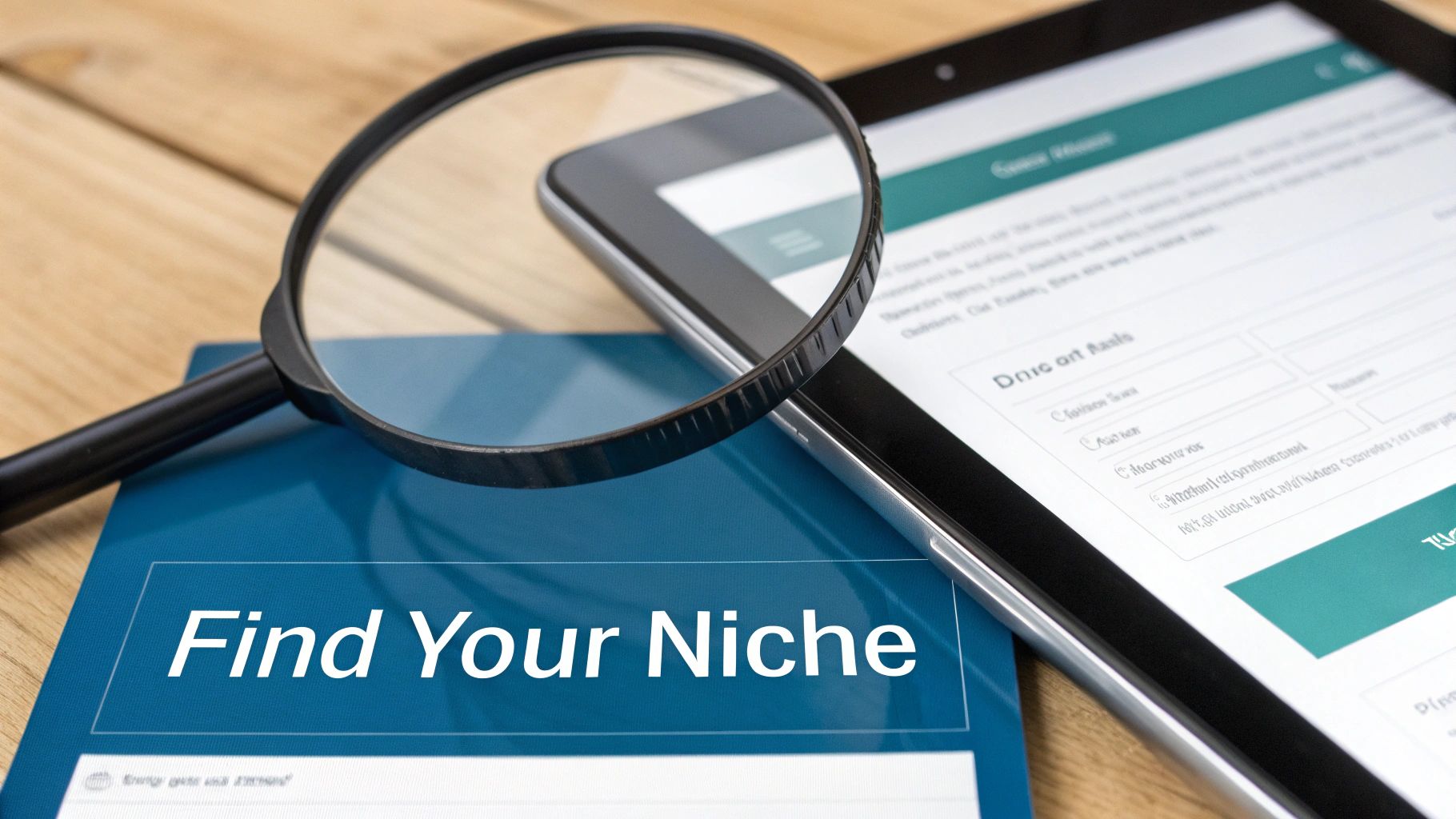 A magnifying glass on a document reading 'Find Your Niche,' beside a tablet displaying data on a wooden table.