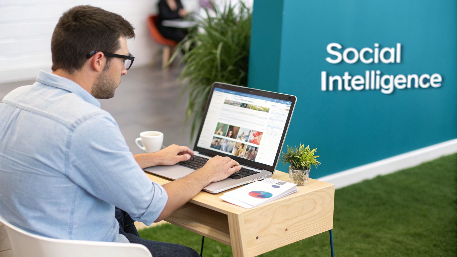 A man in glasses works on a laptop at a desk with coffee and papers, a 'Social Intelligence' wall in the background.