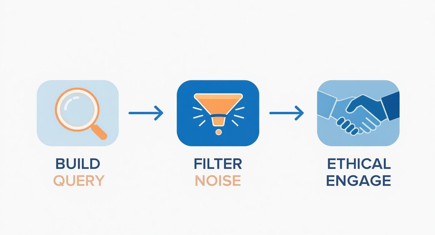 A diagram illustrating a three-step process: Build Query, Filter Noise, and Ethical Engage.