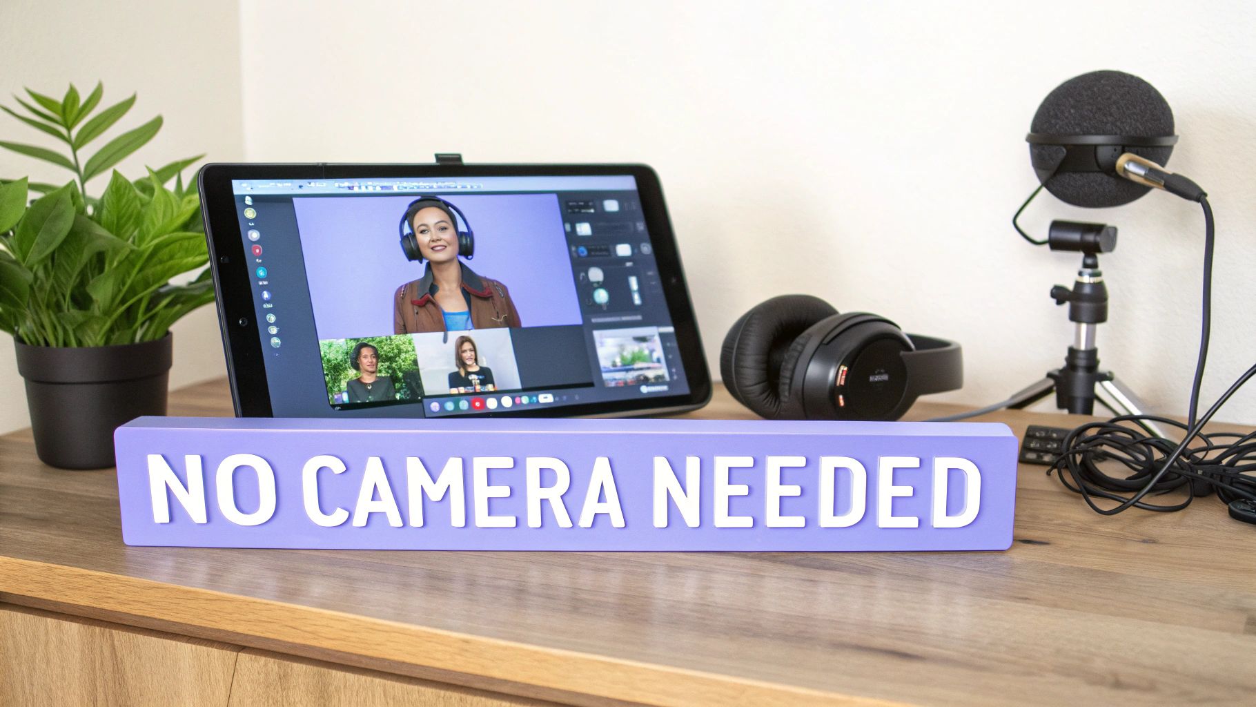 A home office setup with a tablet showing a video call, headphones, microphone, and a 'NO CAMERA NEEDED' sign.
