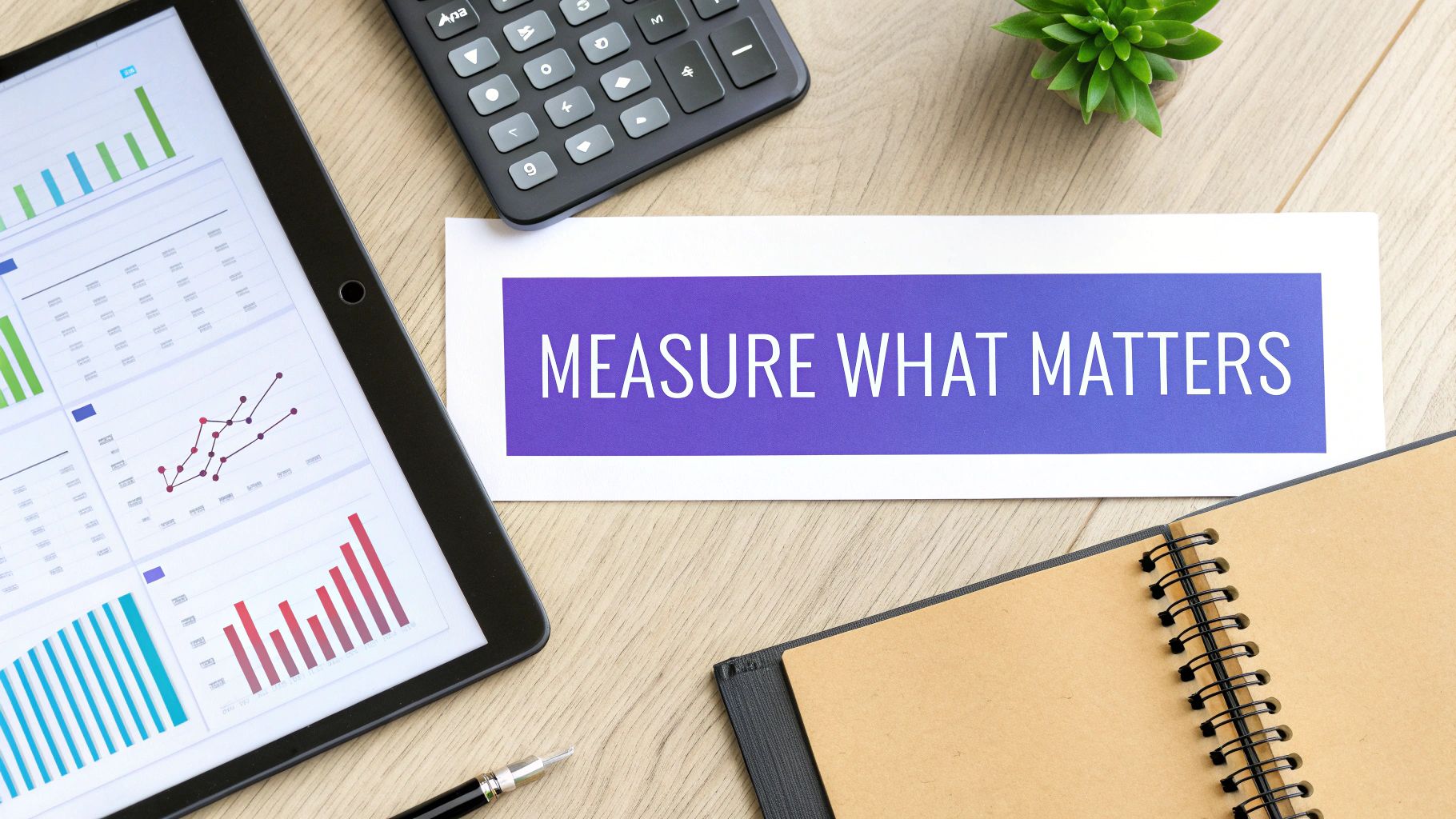 Flat lay of a desk with a tablet displaying charts, a calculator, and a motivational message 'Measure What Matters'.