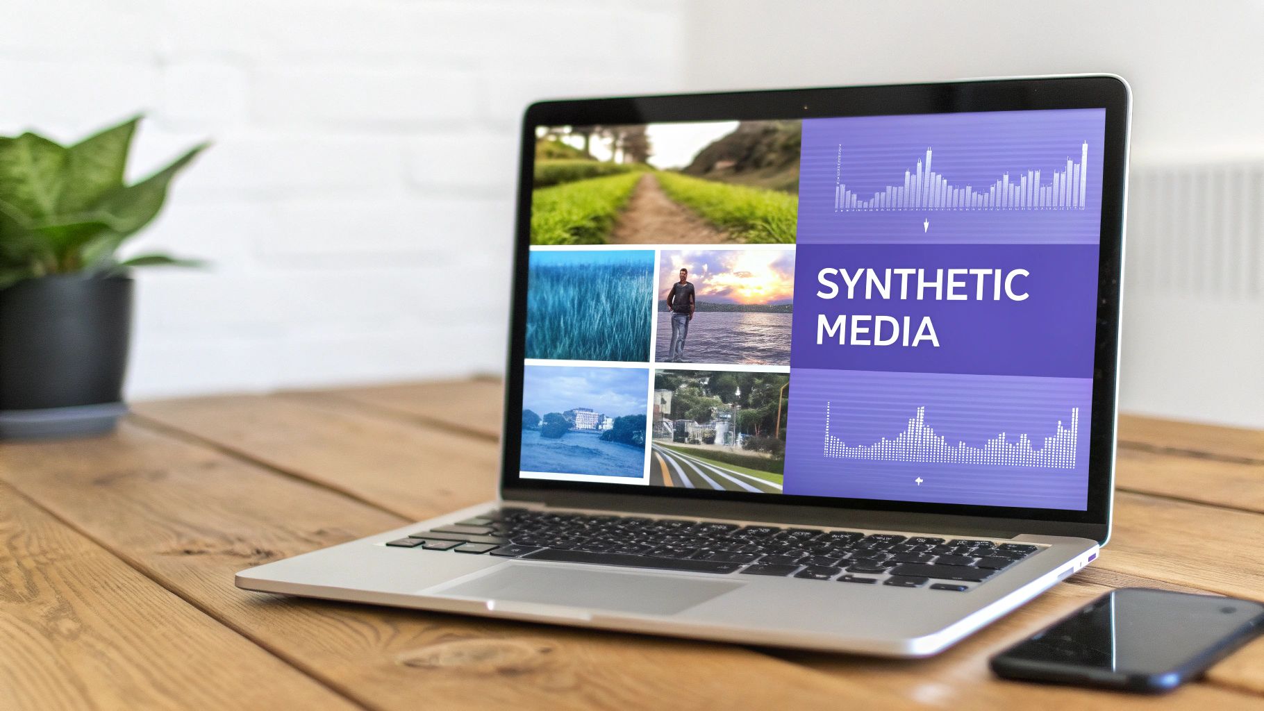 A futuristic, abstract representation of AI creating various forms of media like images, video, and audio waves.