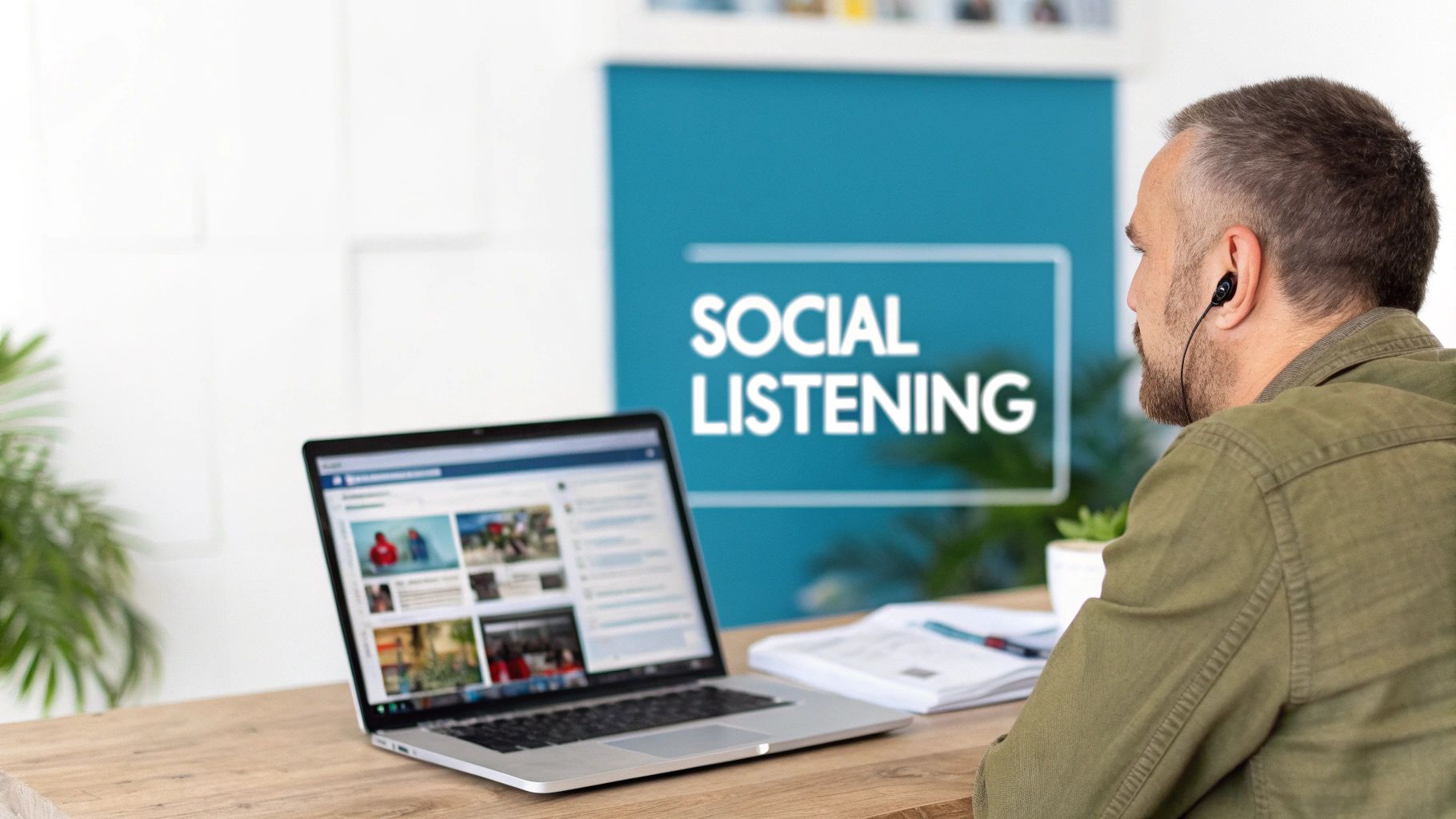 A person working on a laptop with social media icons floating around, representing social media engagement.