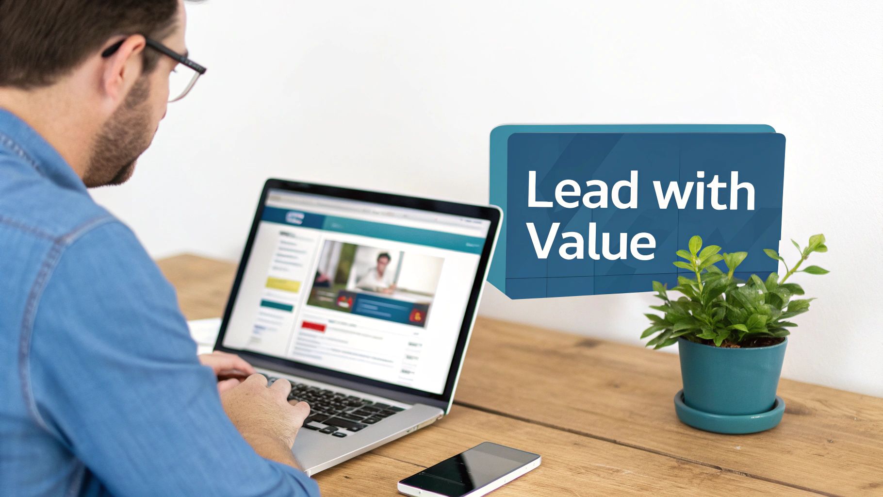 A man works on a laptop at a wooden desk, next to a 'Lead with Value' sign and a plant.