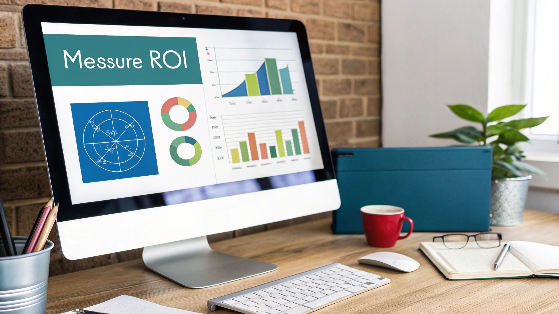 A computer monitor on a wooden desk displays ROI analytics and various data charts.