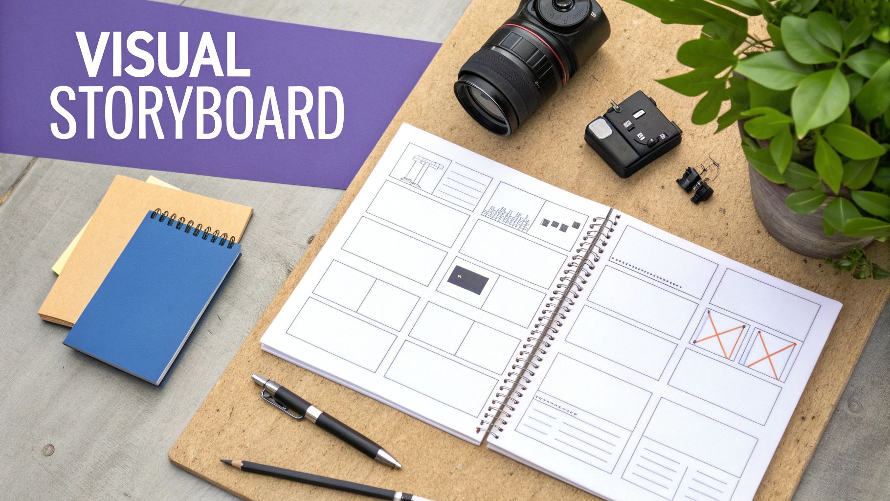 A flat lay of a visual storyboard notebook with blank frames, camera gear, and creative tools.