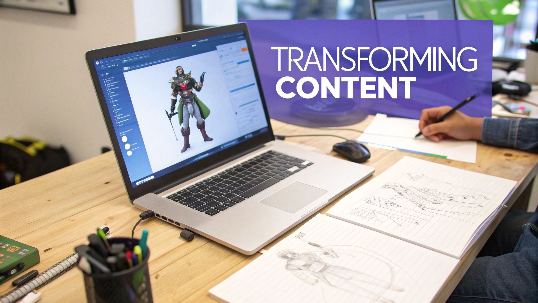 A montage of screens showing a video game, an online course, and a marketing ad, all featuring AI-powered characters.