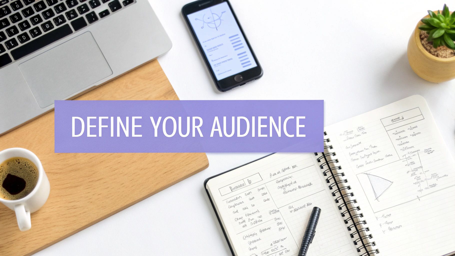Overhead view of a modern workspace with laptop, coffee, phone, and notebooks, featuring a banner with the text 'Define Your Audience'.