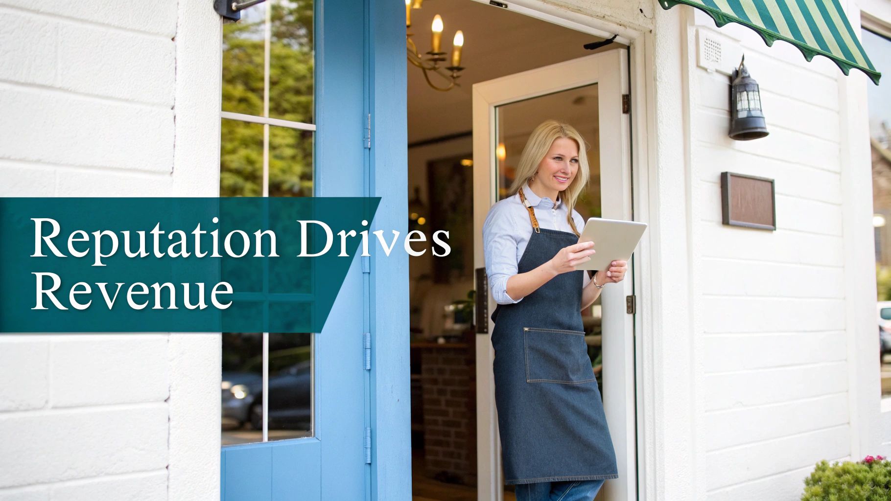 A bar chart and pie chart on a laptop screen, symbolizing the direct link between reputation data and business revenue.