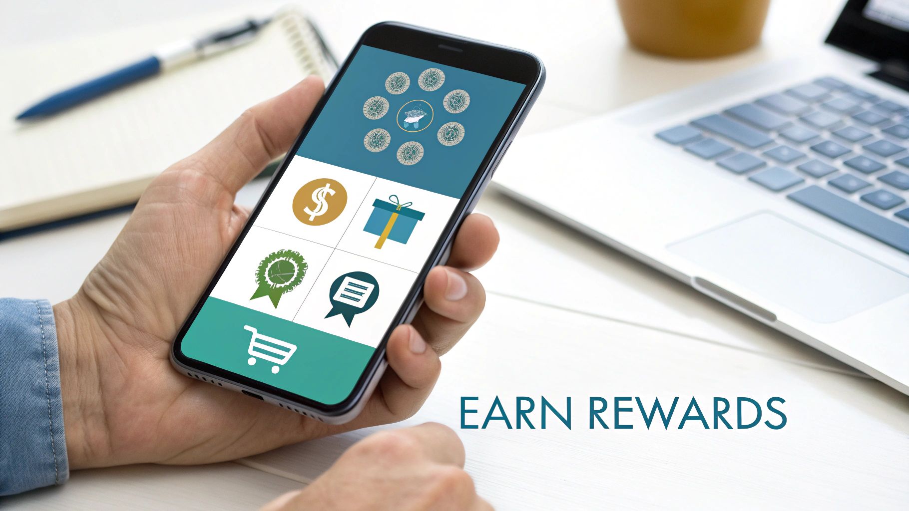 A hand holds a smartphone displaying reward program icons for earning points and gifts, with 'EARN REWARDS' text.