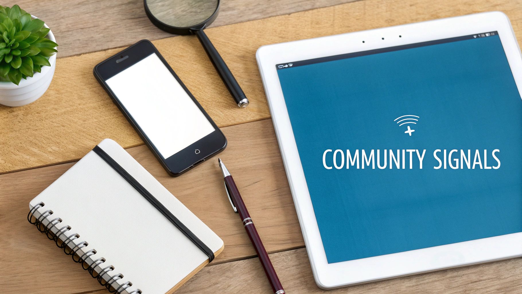 Wooden desk with a tablet displaying 'Community Signals', smartphone, notebook, pen, and plant.