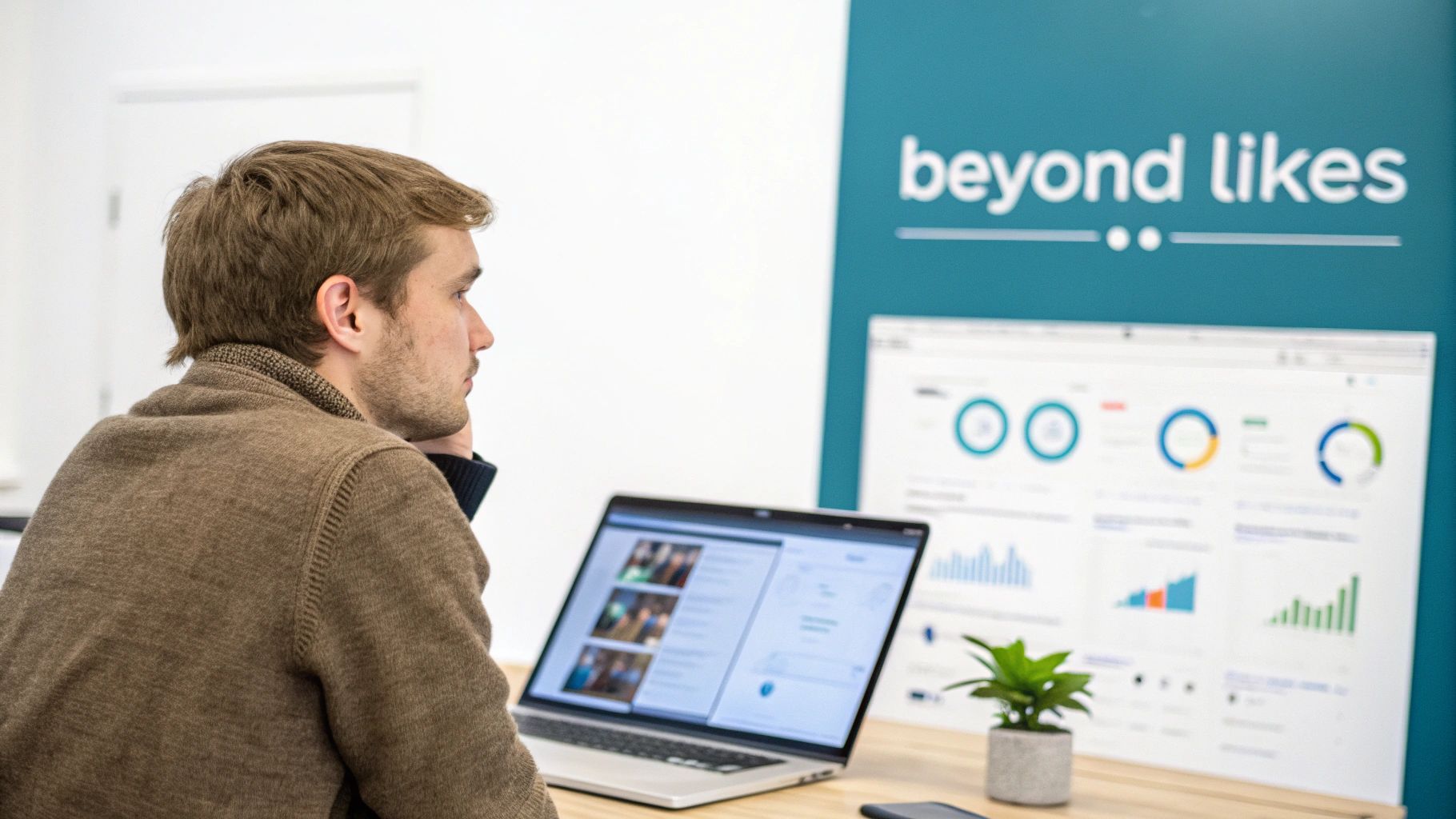 A person analyzing complex data charts on a screen, representing a brand health tracker.