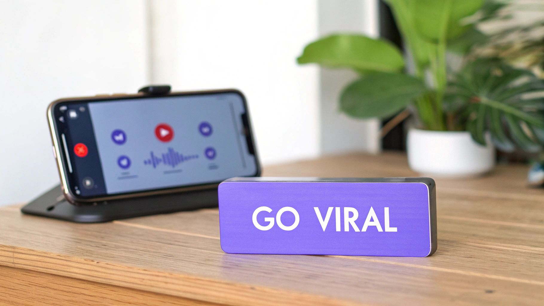 A smartphone displaying a content creation app and a 'GO VIRAL' sign on a wooden desk.