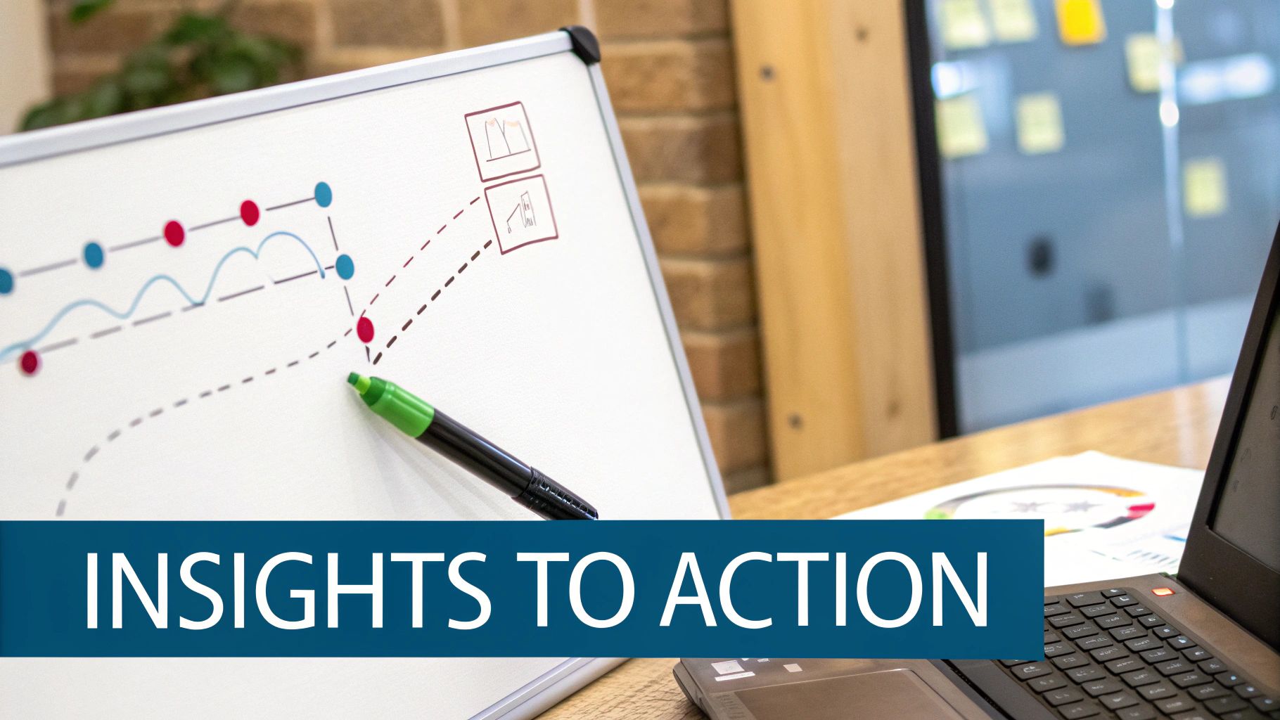 A whiteboard displays a data graph with red and blue points, drawings, and a green marker.