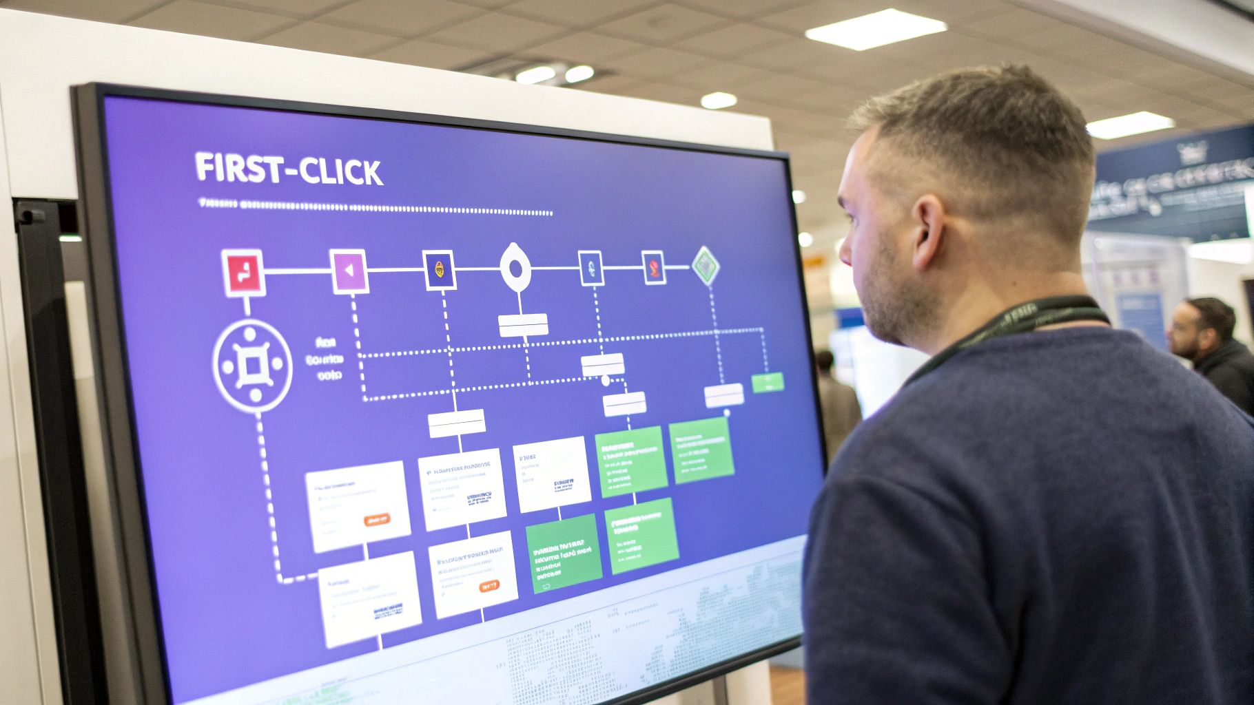 A futuristic interface showing interconnected data points and algorithms analyzing customer journeys.