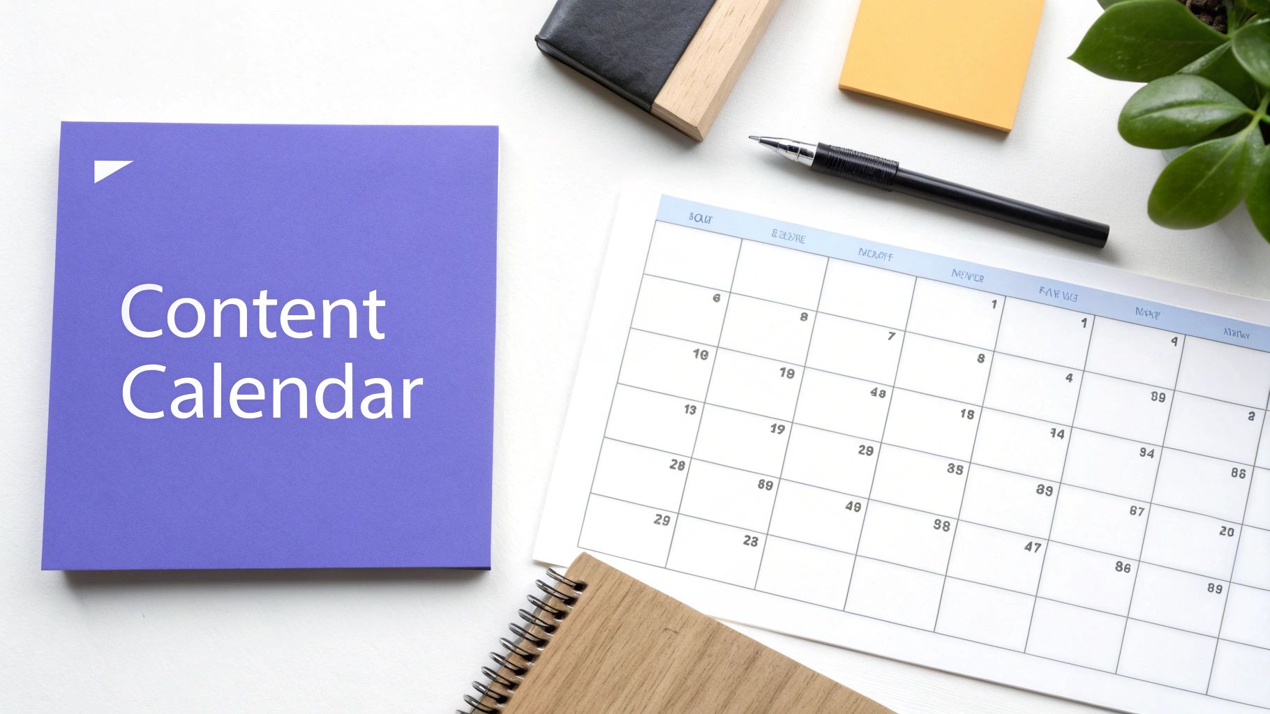 Overhead shot of a purple 'Content Calendar' card, a calendar planner, pen, and office essentials.