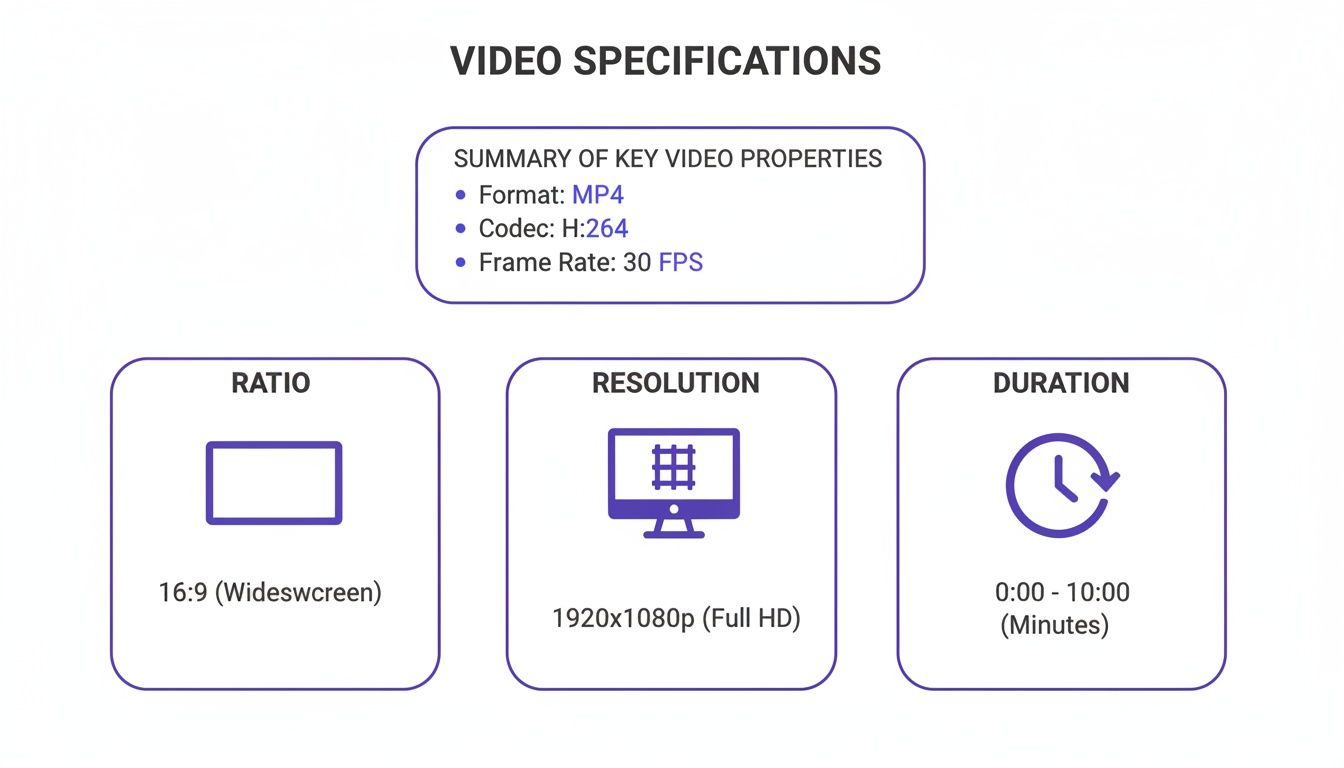 Video specifications including format, codec, frame rate, aspect ratio, resolution, and duration.