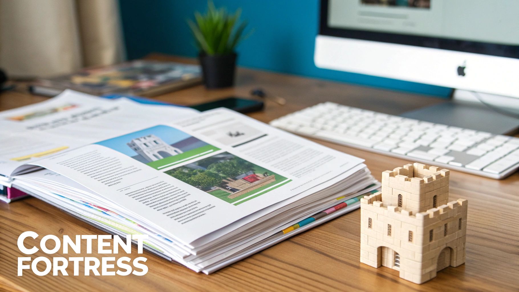 A stylized image of a castle or fortress made of digital blocks, symbolizing a strong online presence.