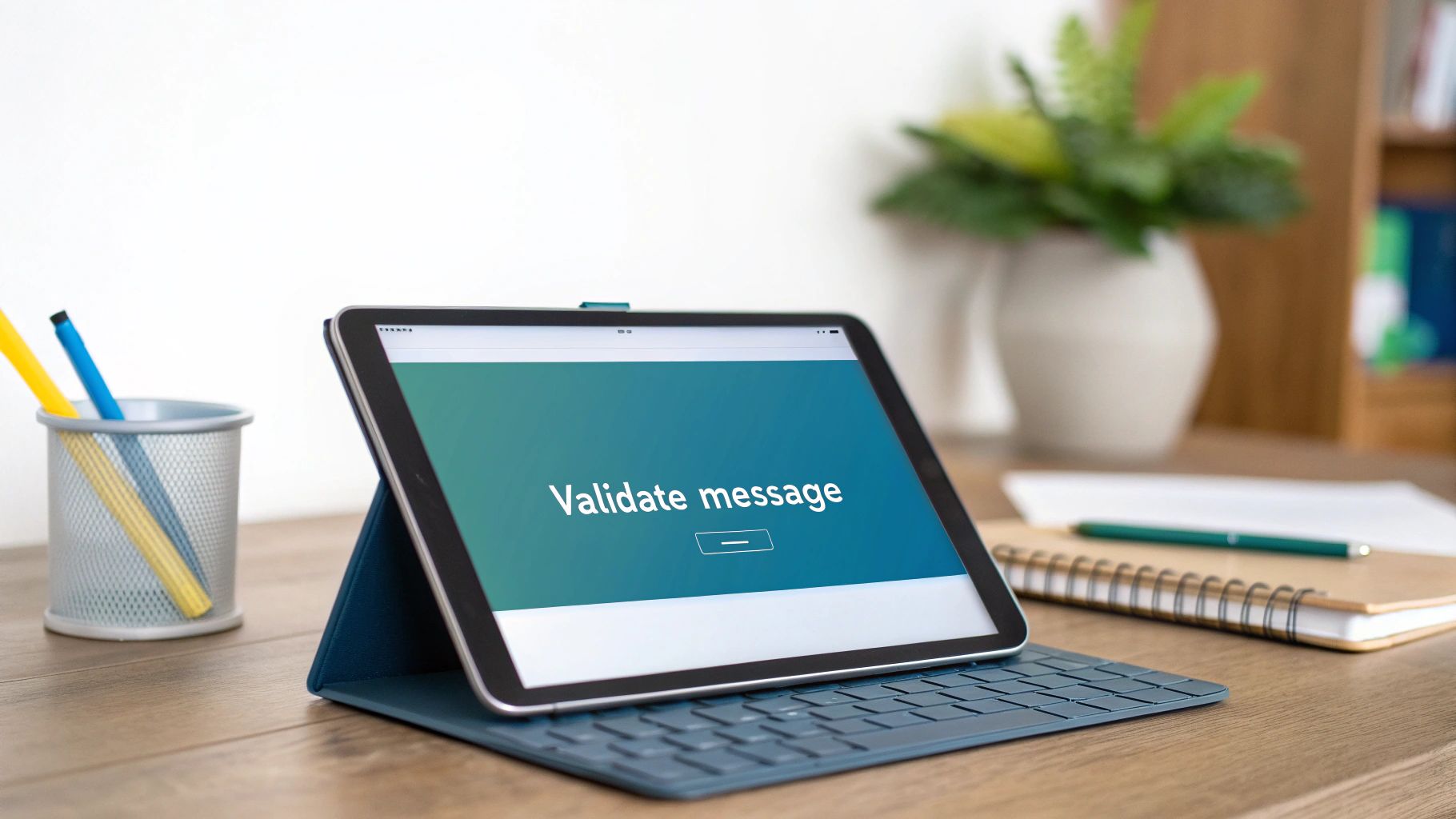 A tablet on a wooden desk displays 'Validate message' on its screen, with a keyboard, pens, and a notebook.