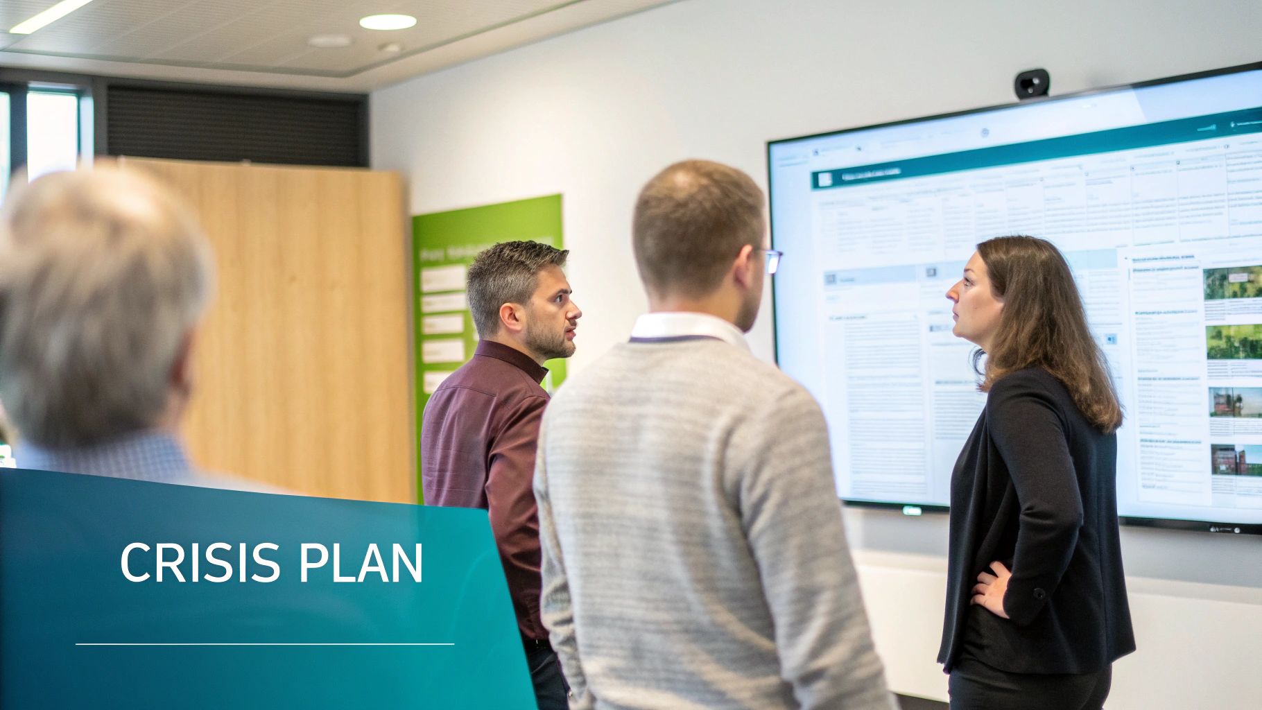 A person looking at a complex flowchart, symbolizing a crisis management plan.