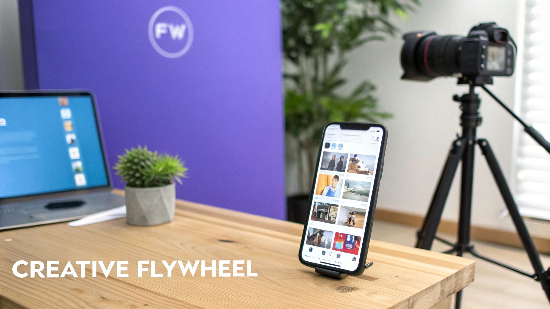 A creative team brainstorming around a table with various ad designs and mockups.