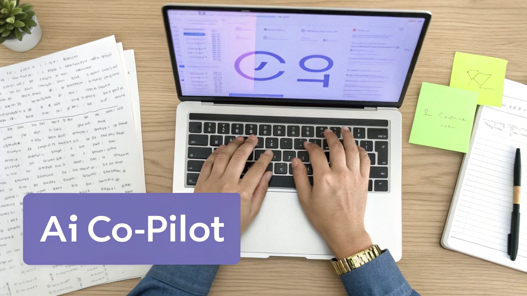 Top-down view of hands typing on a laptop with an 'Ai Co-Pilot' banner, surrounded by work documents.