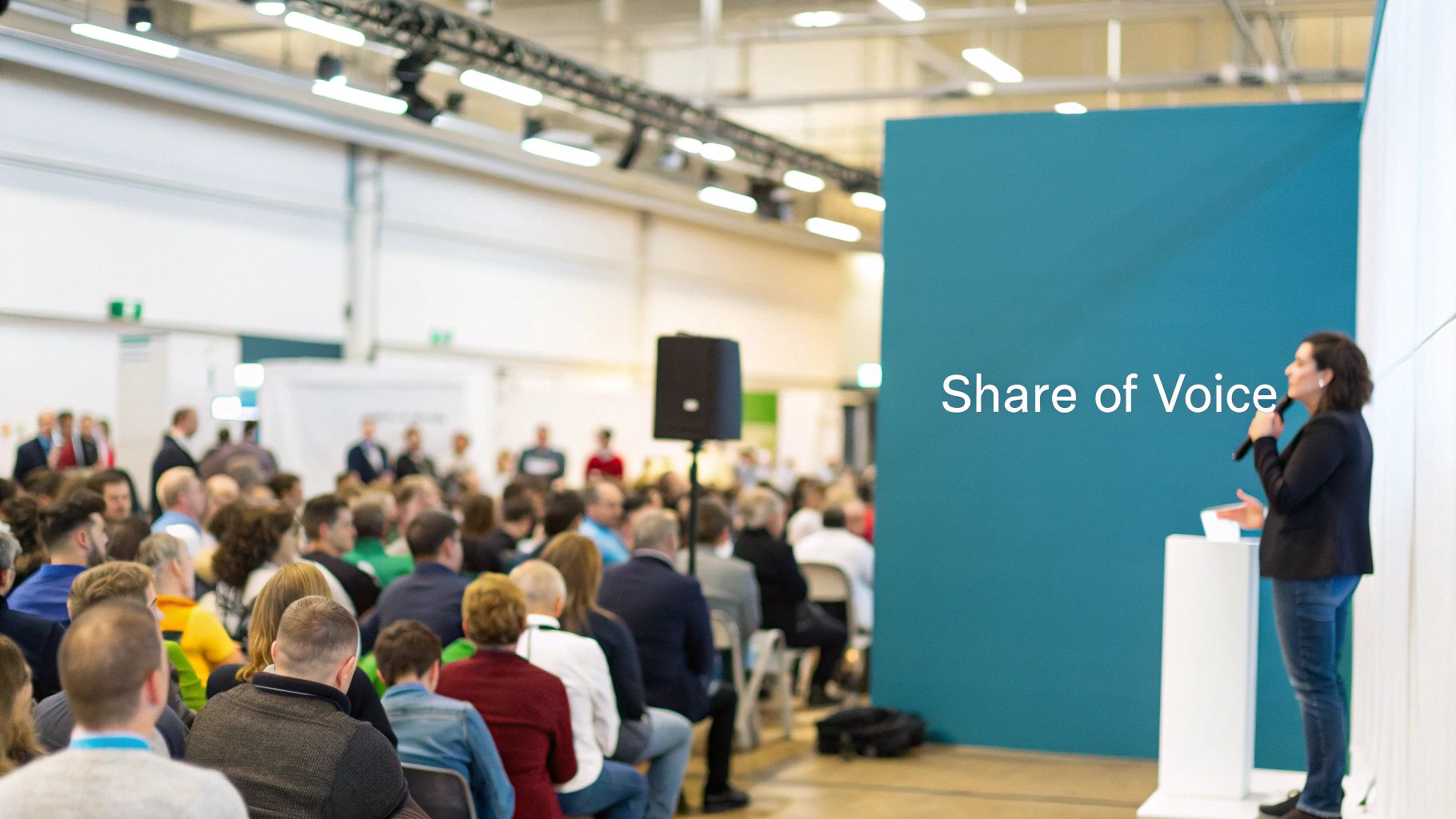 Female speaker presents "Share of voice" to a large, attentive audience at a business conference.