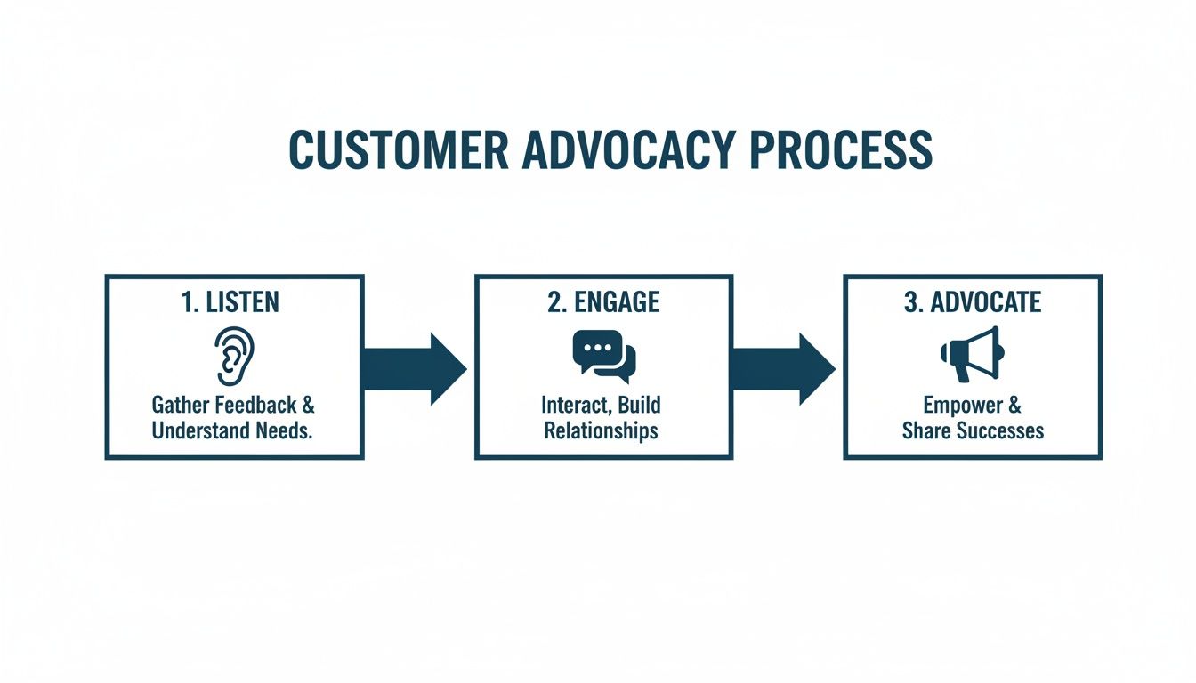 A three-step customer advocacy process diagram: listen, engage, and advocate for success.