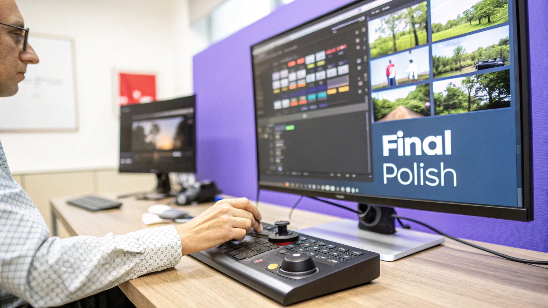 A person color grading video with a specialized control panel and monitor displaying "Final Polish".