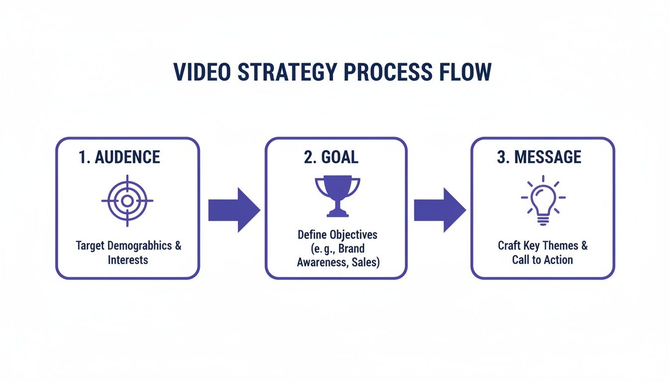Diagram illustrating the three-step video strategy process: audience, goal, and message.