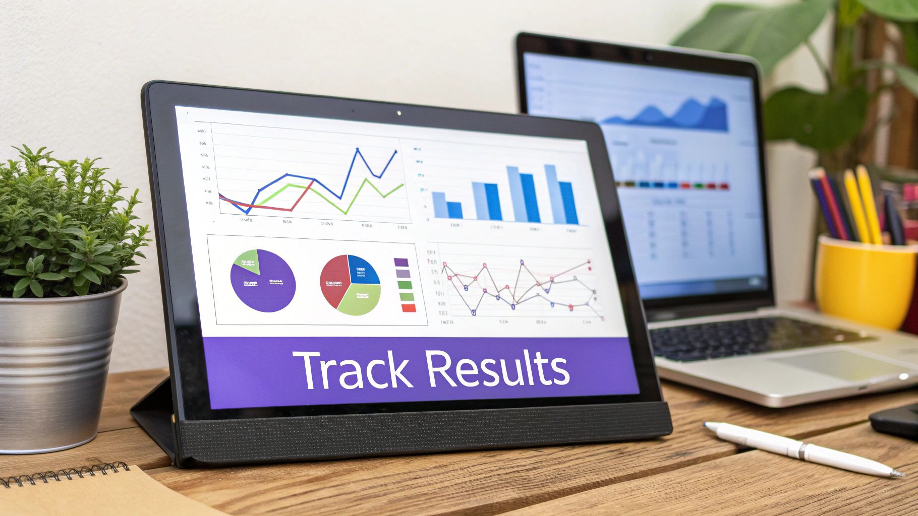 A desk with a laptop showing social media analytics, a notebook, and a coffee cup, illustrating the process of tracking performance.