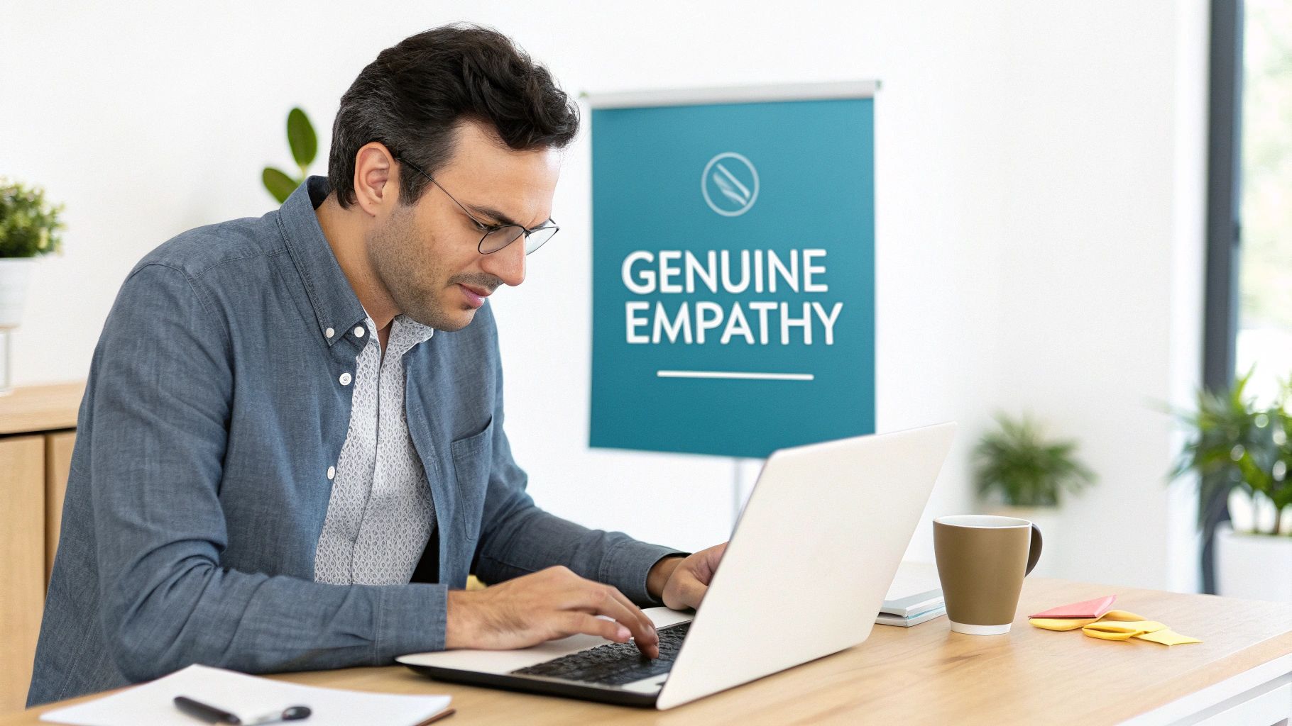 A founder looking thoughtfully at a computer screen, considering a customer complaint.