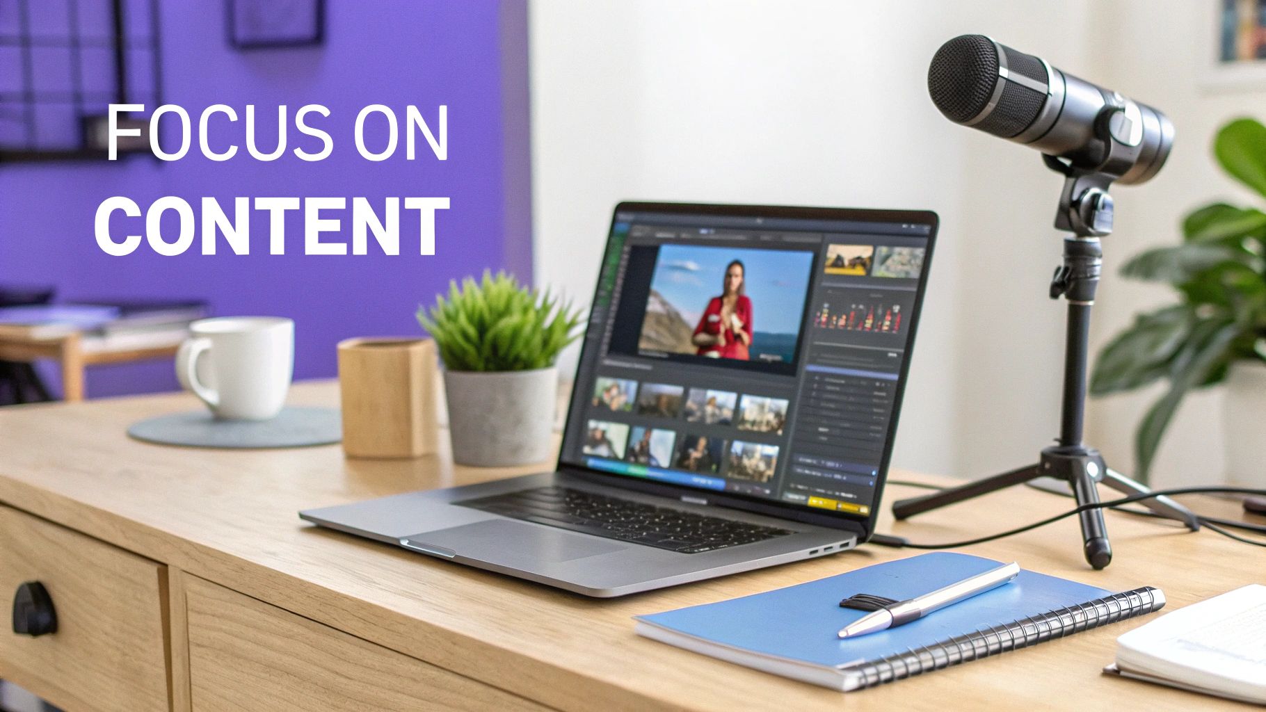 A person working on a laptop with video editing software open, illustrating the creation of faceless YouTube content.