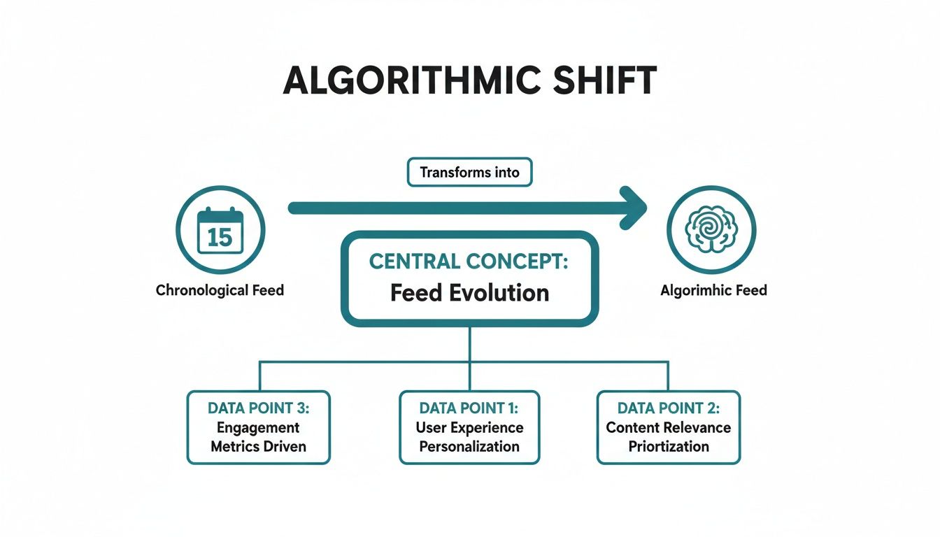 Diagram illustrating the algorithmic shift from chronological to algorithmic feeds, driven by user experience, content relevance, and engagement.