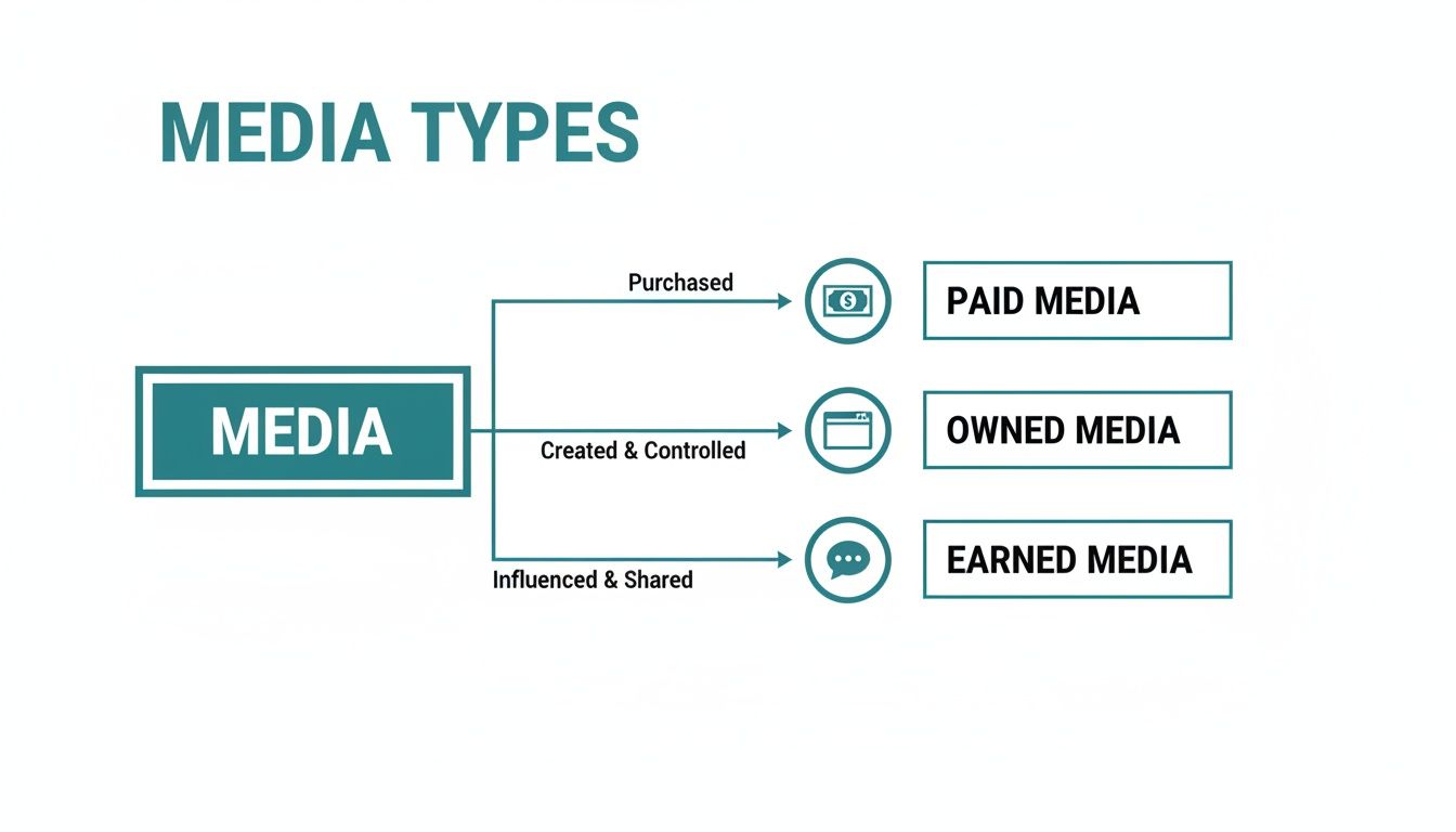 A diagram illustrating the three main media types: Paid, Owned, and Earned Media.