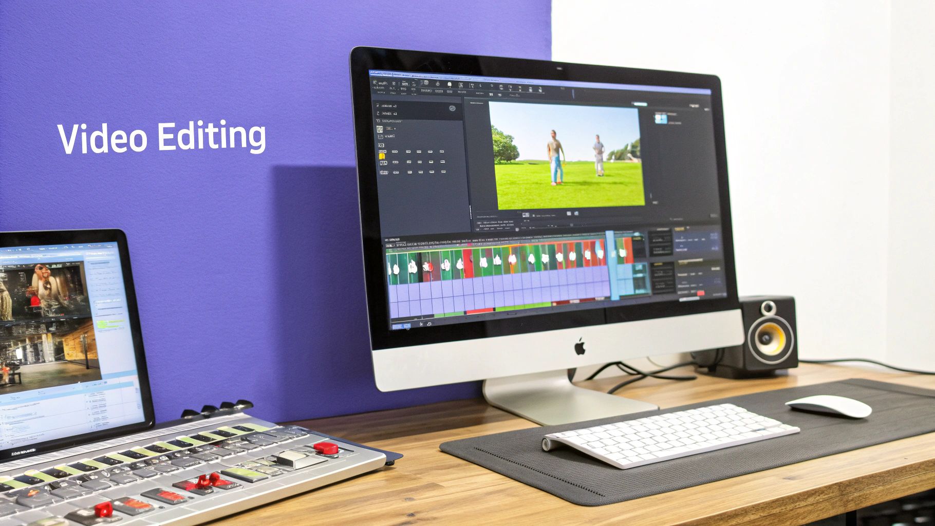 A person editing a video on a laptop, with a timeline and video clips visible on the screen.