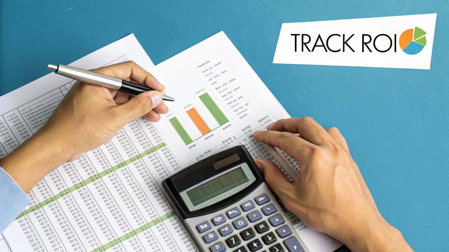 A calculator and a smartphone with social media icons, symbolizing the calculation of social media return on investment.