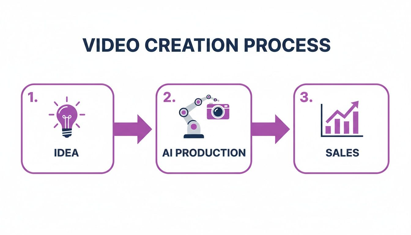 A three-step infographic depicting the video creation process: Idea, AI Production, and Sales.