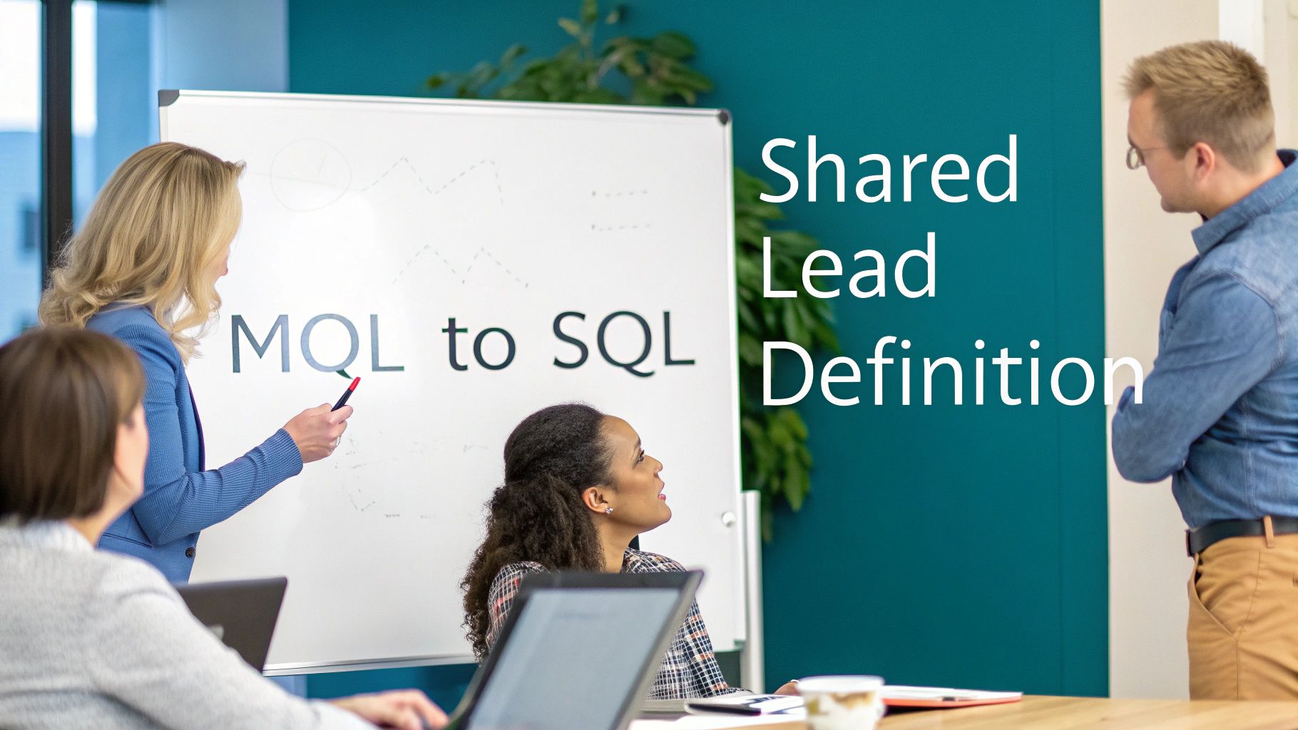 Professionals in a meeting discussing 'MQL to SQL' and 'Shared Lead Definition' on a whiteboard.