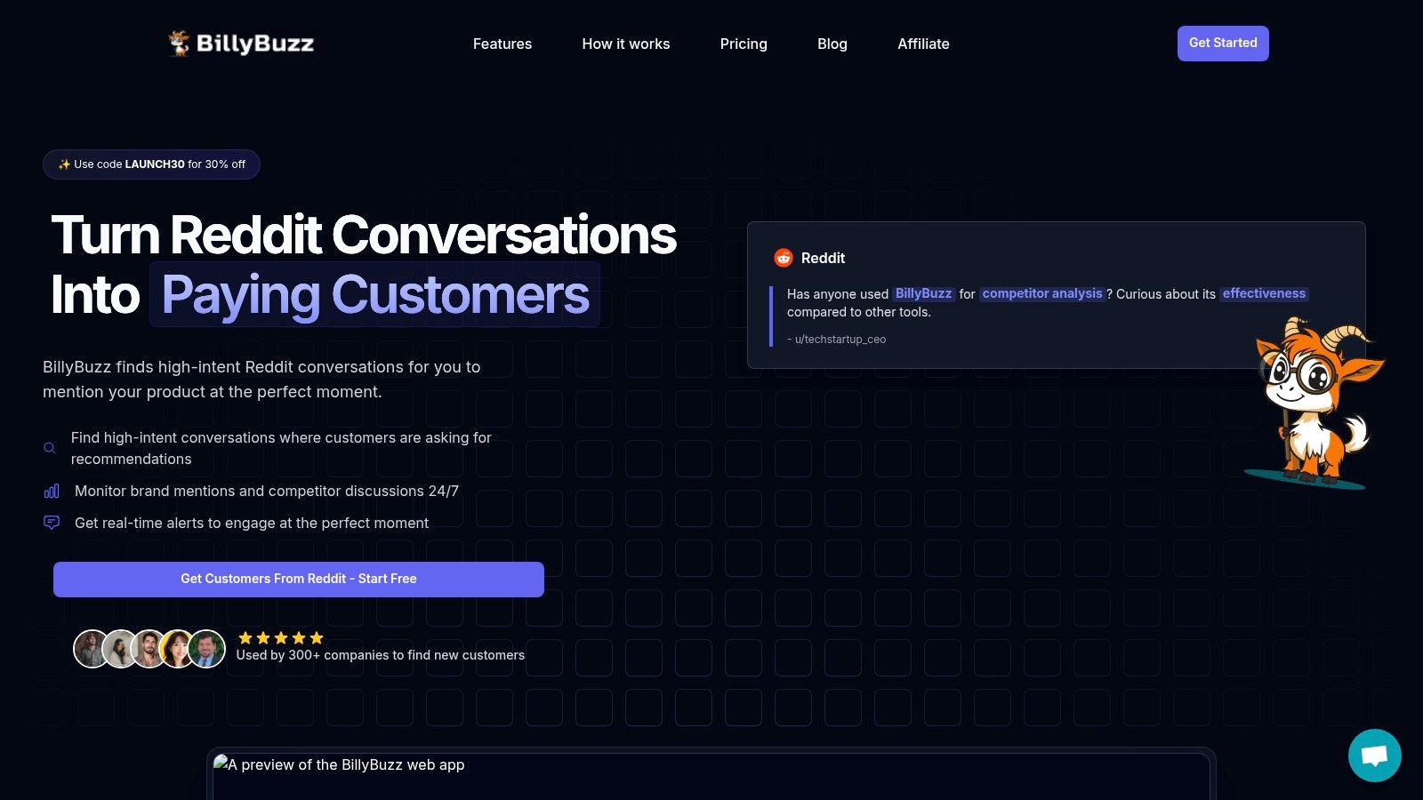 BillyBuzz dashboard showing Reddit mentions and conversations