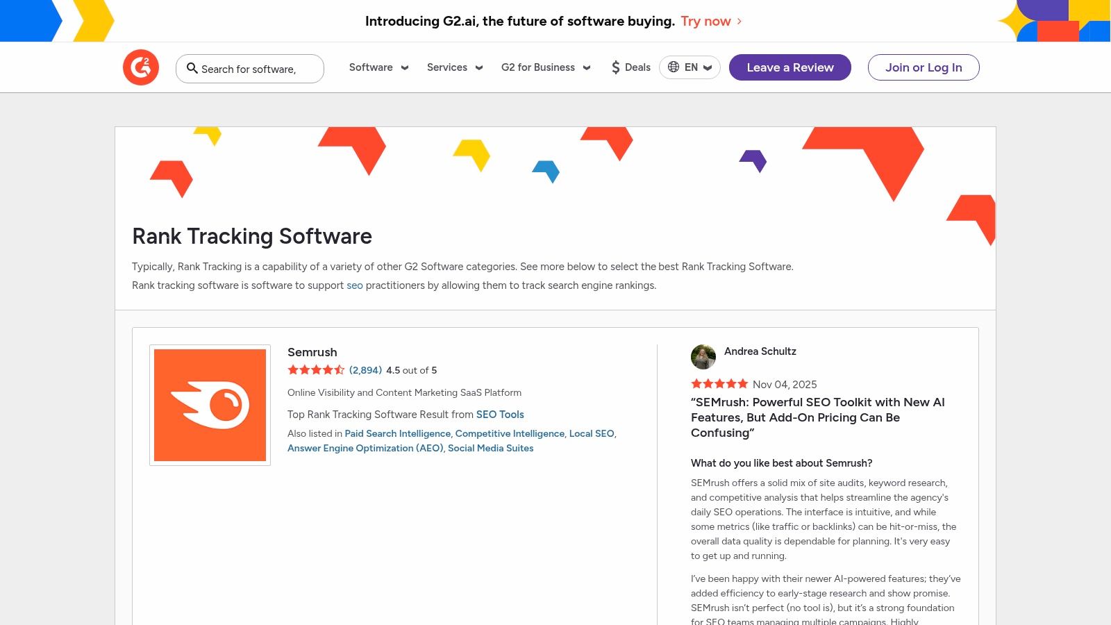 G2 – Rank Tracking Software Category