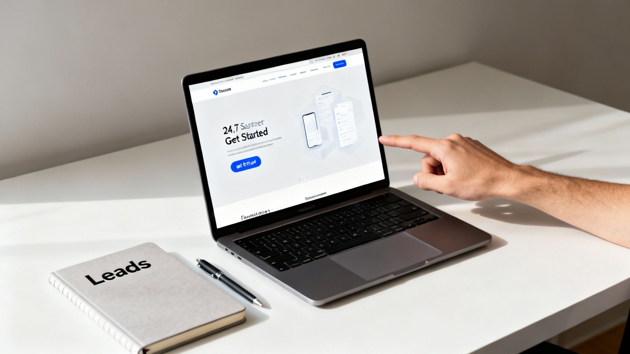 A hand points at a laptop screen displaying a business website with app mockups, next to a 'Leads' notebook.
