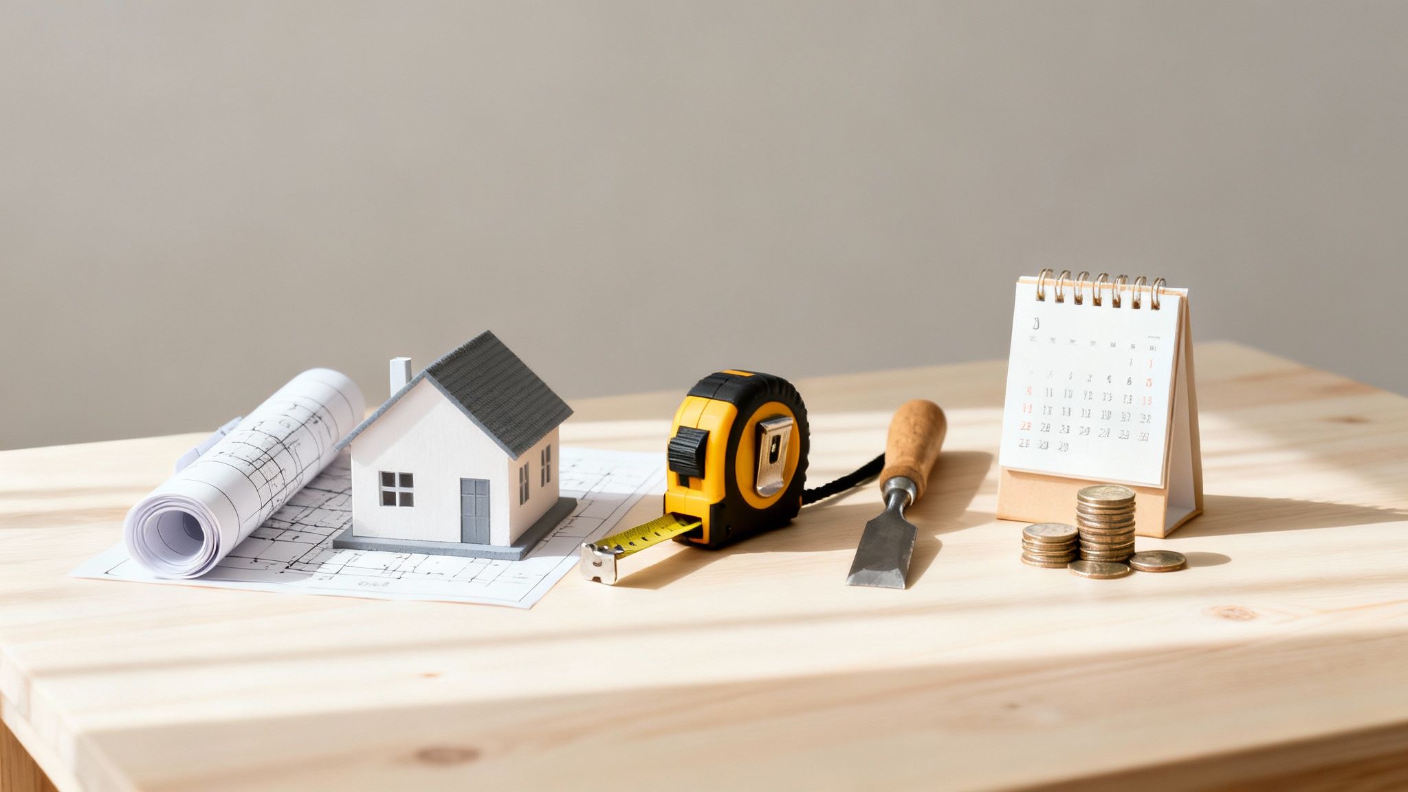Model house, blueprints, construction tools, calendar, and coins on a wooden table, representing home building plans.