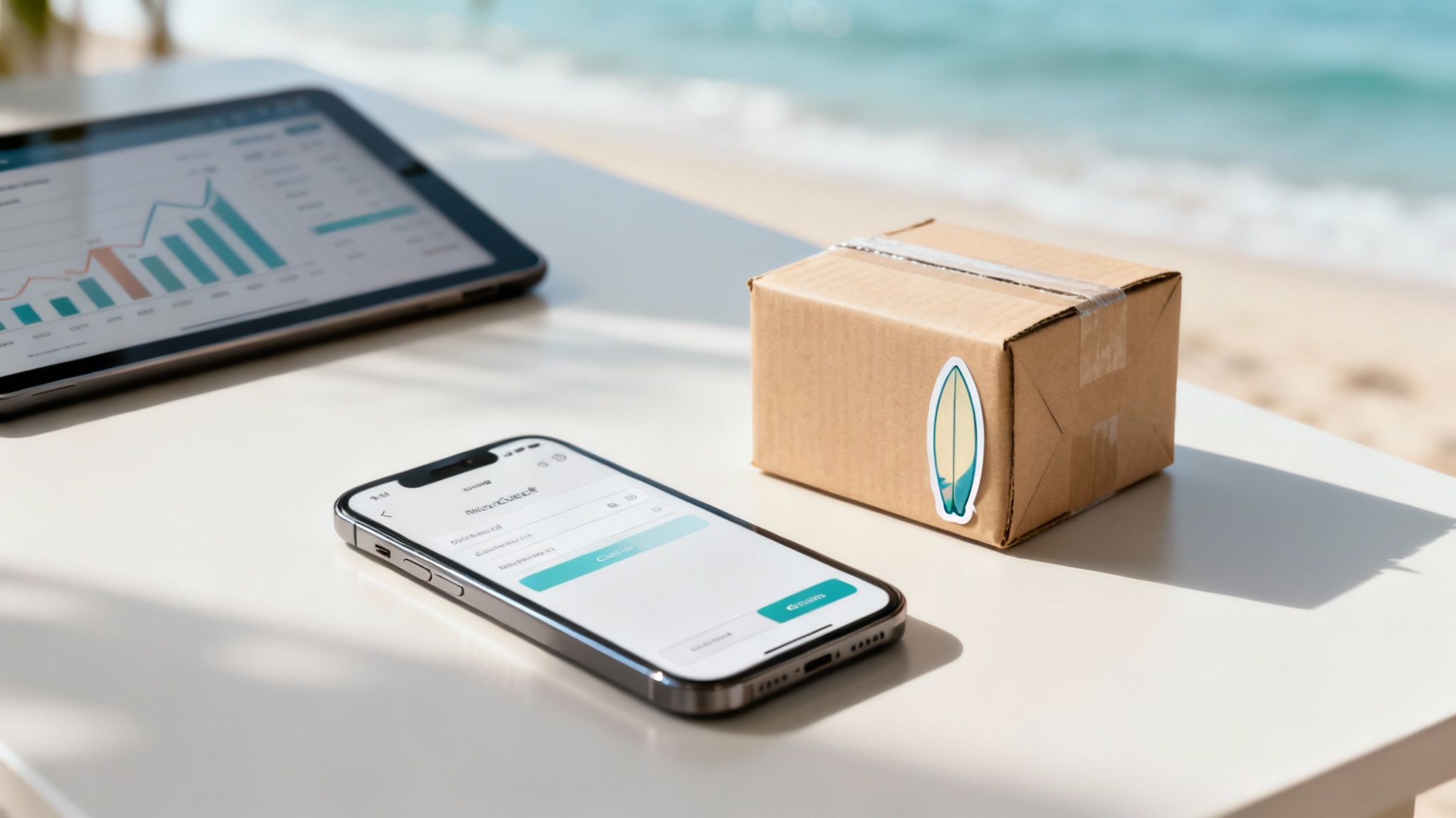 An ecommerce website displayed on a laptop, showing a clean product grid with shopping cart icons, set against a backdrop of the Gold Coast beach.