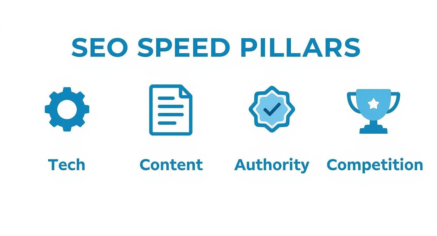 An infographic showing the four SEO Speed Pillars: Tech, Content, Authority, and Competition, each with an icon.